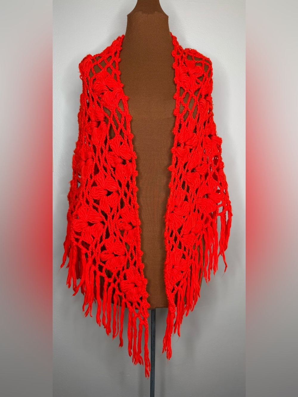 Vintage Open-Knit Crocheted Fringe Cape - Bright Red One Size